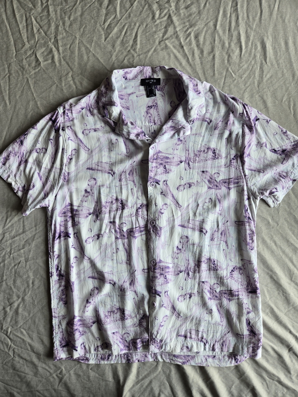 Forever 21 White Short-Sleeve Button-Down Shirt with Purple Sketch Print